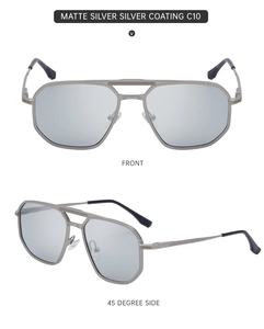 Modern matte silver aviator sunglasses with metal frames and textured side temples