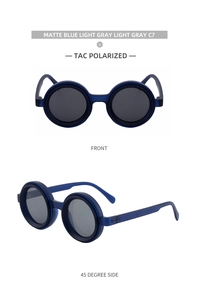 Front and 45-degree side views of matte blue round polarized sunglasses with grey lenses