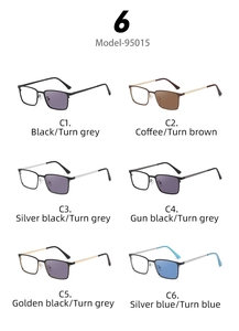 Detailed grid of photochromic square metal sunglasses showing six color variants from C1 to C6