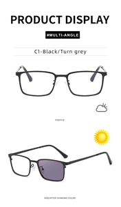 Detail of square photochromic sunglasses changing from clear to dark grey lenses