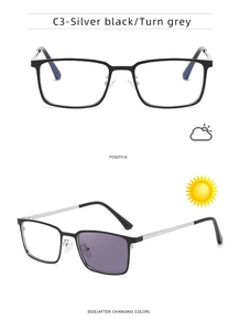 Detail of square photochromic sunglasses in black and silver changing to dark grey
