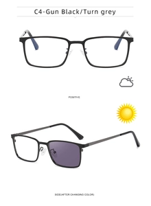 Detail of photochromic square metal glasses in gun black showing color change