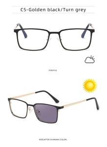 Detail of square photochromic sunglasses in golden black frame with grey lenses