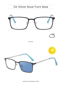 Detail of square photochromic sunglasses C6 with silver metal temples and blue lenses