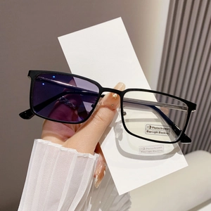 Comparison showing photochromic square glasses lenses changing from clear to dark tint