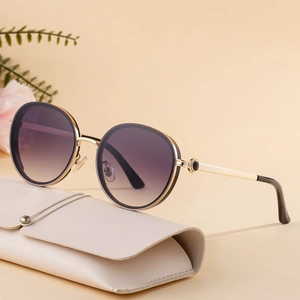Women's vintage round metal sunglasses with purple gradient lenses and leather case