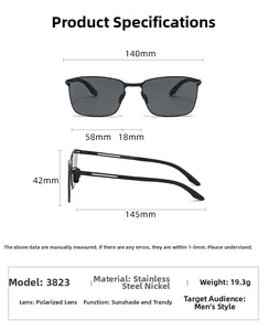 Technical drawing showing 3823 polarized sunglasses dimensions and stainless steel frame specs