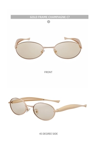 Detail view of oval golden metal sunglasses with champagne lenses and sleek temples