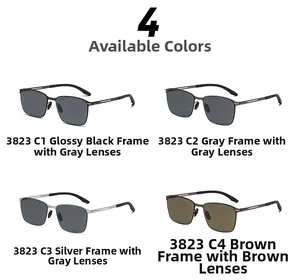 Detail view of four color options for square polarized sunglasses with stainless steel frames