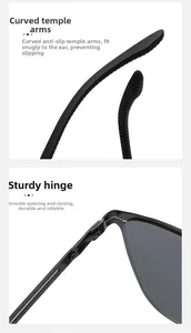 Detail of curved temples and sturdy metal hinges for black square polarized sunglasses