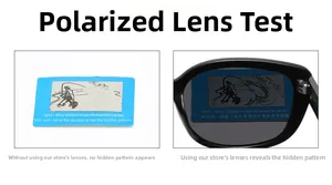 Close-up of polarized lens showing fishing pattern on test card for square sunglasses