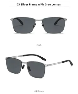 Detail view of square polarized sunglasses with silver metal frame and black temple tips