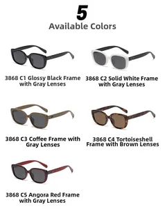 Detail view of square polarized sunglasses available in five trendy frame colors