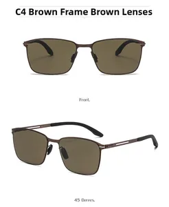 Close-up of brown stainless steel frame sunglasses with polarized lenses and size details