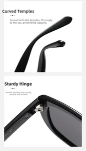 Detail of square sunglasses featuring anti-slip curved temples and reinforced metal hinges