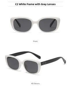 Detail view of square white frame polarized sunglasses with gray lenses and silver accents