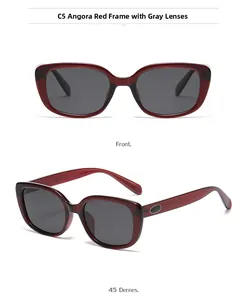 Detail view of square burgundy frame sunglasses with grey polarized lenses from two angles