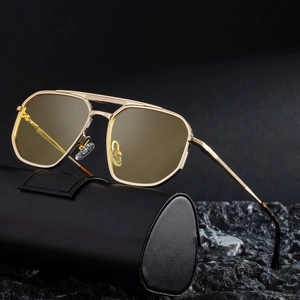 Mens square gold metal pilot sunglasses with yellow lenses and double bridge design