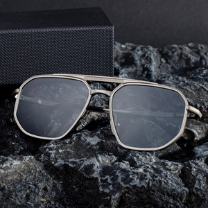 Men's double-bridge metal square sunglasses in gunmetal frame with dark grey lenses