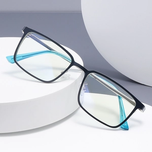 Square frame sunglasses with black fronts and translucent light blue temples on a white stand