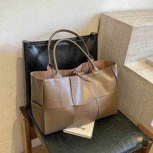 Large Woven Tote Bag PU Leather High Capacity Shoulder Handbag For Women Trendy Minimalist Commuter Office Carryall