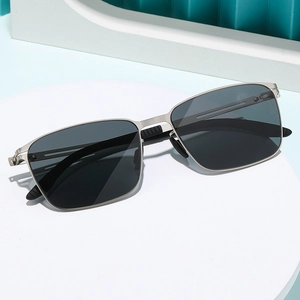 Men's square polarized nylon sunglasses with silver stainless steel frame on a white stand