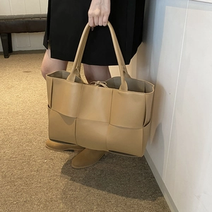 Women's woven leather tote bag in khaki, large capacity shoulder bag for daily commute