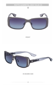 Detailansicht der quadratischen Sonnenbrille in Matt-Gunmetal mit blau-violettem Verlauf