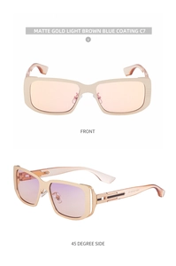 Detailansicht der mattgoldenen rechteckigen Sonnenbrille mit hellbraunen Blaufiltermelamin