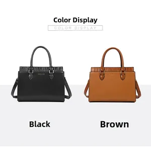 Detail view of black and brown tote bags showing crocodile texture and gold hardware