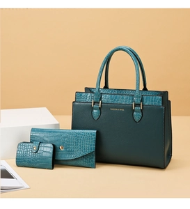 Three-piece dark green tote bag set with crocodile texture and fashion logo detailing