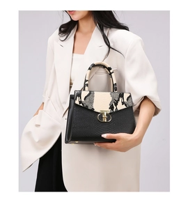 Detail of stone pattern texture and gold T-shaped clasp on structured crossbody handbag
