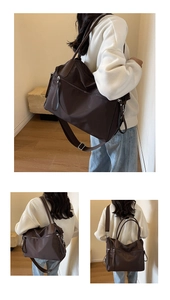 Detailed views of a dark coffee nylon tote bag with adjustable straps and zipper pockets