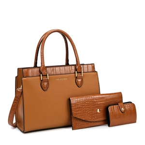 Three-piece brown tote bag set including large handbag and wallets in textured faux leather