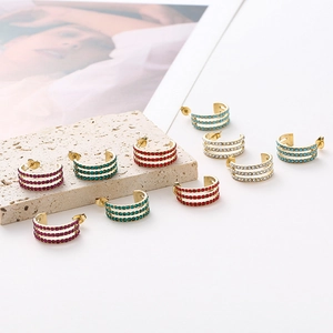 Fashionable C-shaped hoop earrings with colorful triple-row rhinestones in gold setting