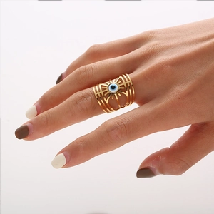 Evil Eye Ring Stainless Steel Gold Plated Hollow Wide Band Open Adjustable Bohemian Amulet Jewelry For Women Men