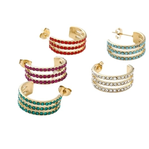 Set of five elegant gold C-shaped hoop earrings with three rows of colorful rhinestones