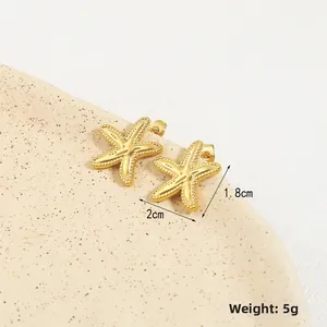 Detail view of gold starfish earrings with bead texture, size 2cm x 1.8cm, weight 5g