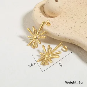 Detail showing 3cm gold sunburst earrings with lava texture on a ceramic tray