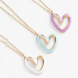 Three gold necklaces with irregular dripping oil heart pendants in purple, blue, and white