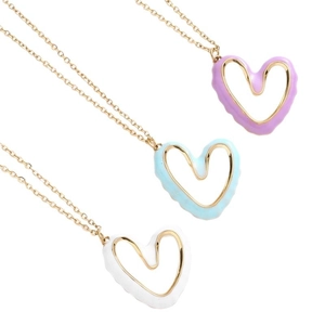 Irregular fluid heart pendant necklace in purple, blue, and white with gold chains