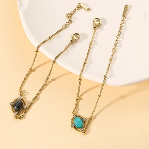 Gold titanium steel bracelets with oval natural stone charms and adjustable lobster clasp