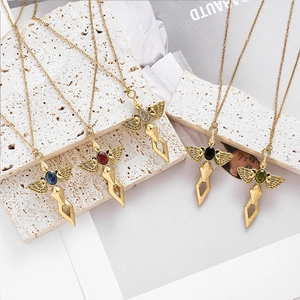 Golden Angel Sword wing necklaces with colorful gemstones in various styles and finishes