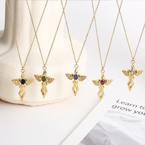 Golden angel sword necklaces with colorful gemstone wings in five unique variations