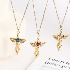 Gold angel wing necklaces with blue, red, and clear crystal pendants in a set