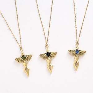 Golden angel sword necklaces with wings and colorful oval gemstones on a white background