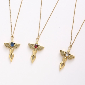 Detailed close-up of Angel Sword necklaces with blue, red, and white gem pendants
