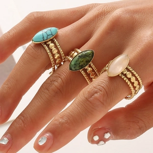 Bohemian gold stainless steel rings set with turquoise and gemstone oval stones