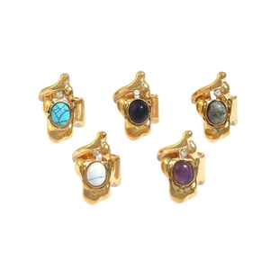Adjustable irregular stainless steel rings with lava texture and colorful natural stones