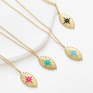 Vintage Octagram Pendant Necklace Stainless Steel Hammered Texture Enamel North Star Jewelry For Women French Retro Style